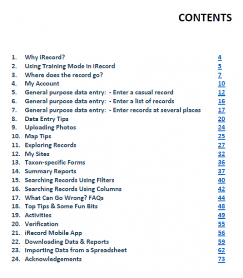 contents of iRecord user guide