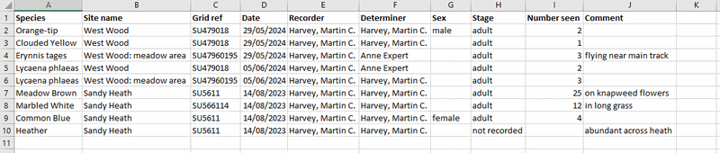 screenshot of spreadsheet with biological records