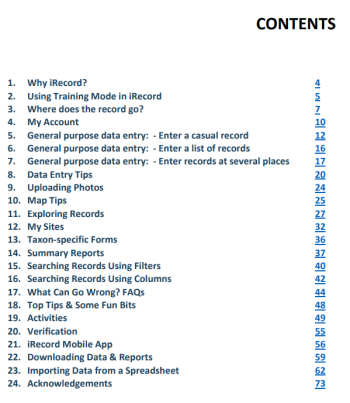 Contents of iRecord user guide